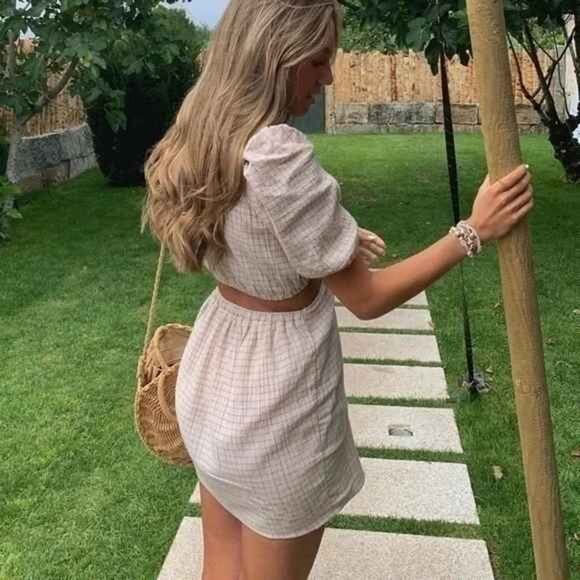 NEW Zara Linen Blend Cutout Mini Dress Square Print Small - Picture 2 of 7